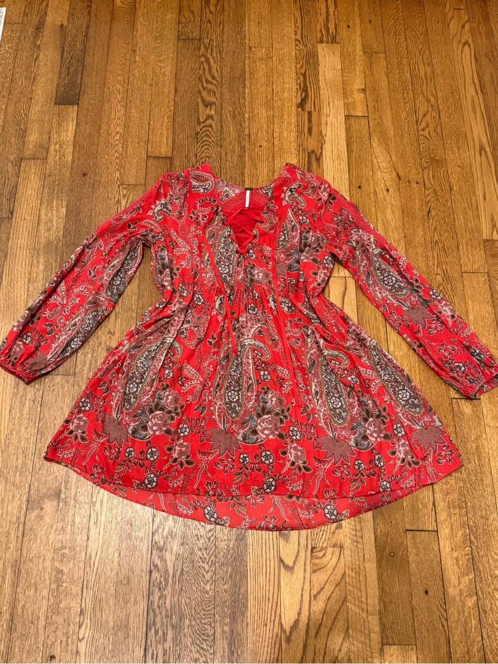 Free People Rain or Shine Paisley Printed Mini Tunic Dress XS Red Poppy
